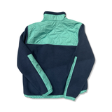 Back view of a blue and light green The North Face men's fleece jacket against a white background.