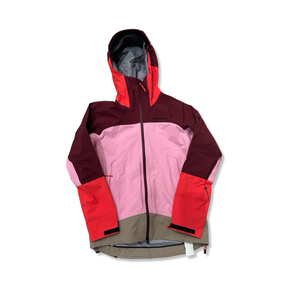 Pink, red and beige women's shell jacket from Peak Performance, front view against a white background.