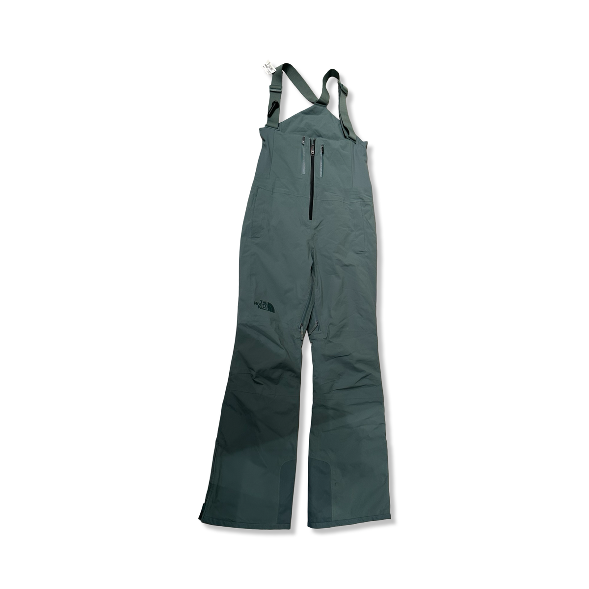 Green The North Face women's ski pants with suspenders, front view against a white background.