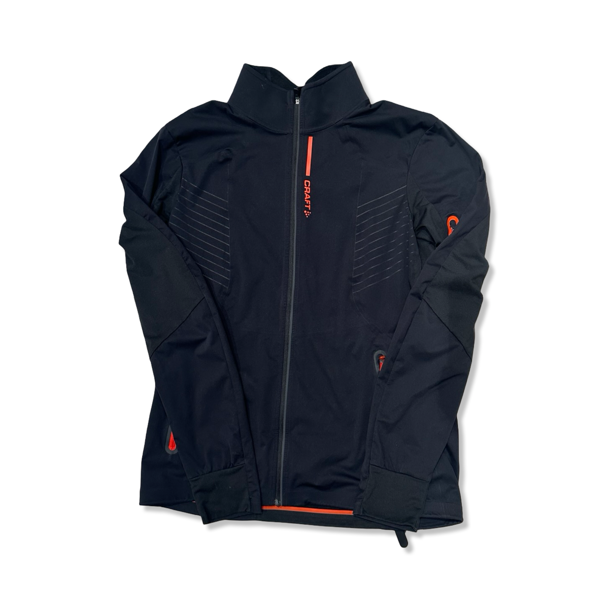 Black CRAFT men's functional jacket with a zipper and orange details, front view.