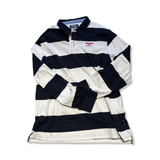 Men's navy and white striped Sebago rugger shirt with a collar and chest logo, flat lay on white.