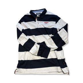Men's navy and white striped Sebago rugger shirt with a collar and chest logo, flat lay on white.