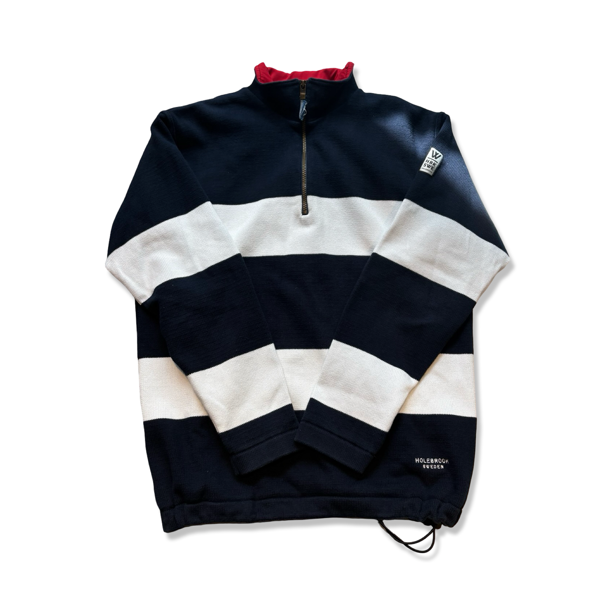 Navy and white striped Holebrook Sweden men's half-zip sweatshirt with a red inner collar.