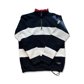 Navy and white striped Holebrook Sweden men's half-zip sweatshirt with a red inner collar.