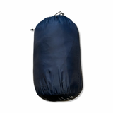 Dark blue Sprayway Pathfinder 130 sleeping bag in a matching stuff sack against a white background.