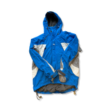 Blue Helly Hansen Helly Tech men's functional jacket with grey and white details against a white background.