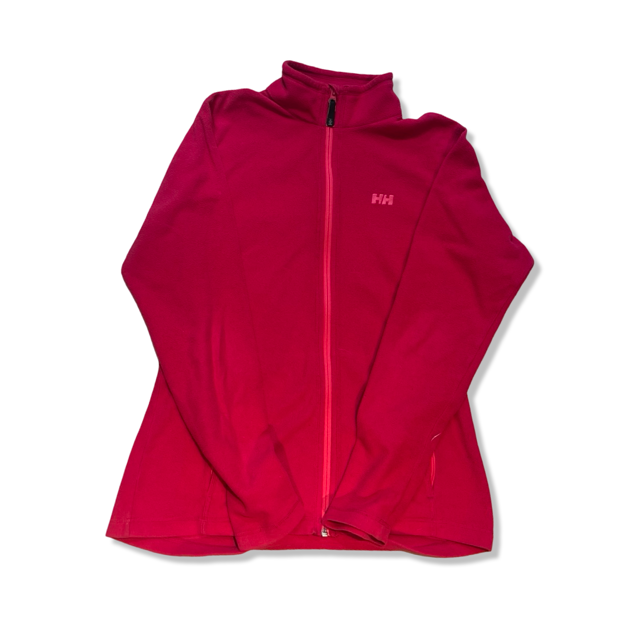 Women's Helly Hansen pink fleece jacket with a full zip and logo, front view against a white background.