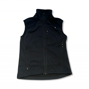 Women's black Haglöfs fleece vest with zipper and pockets, front view against a white background.