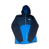 Men's The North Face two-toned blue shell jacket in size M, front view against a white background.