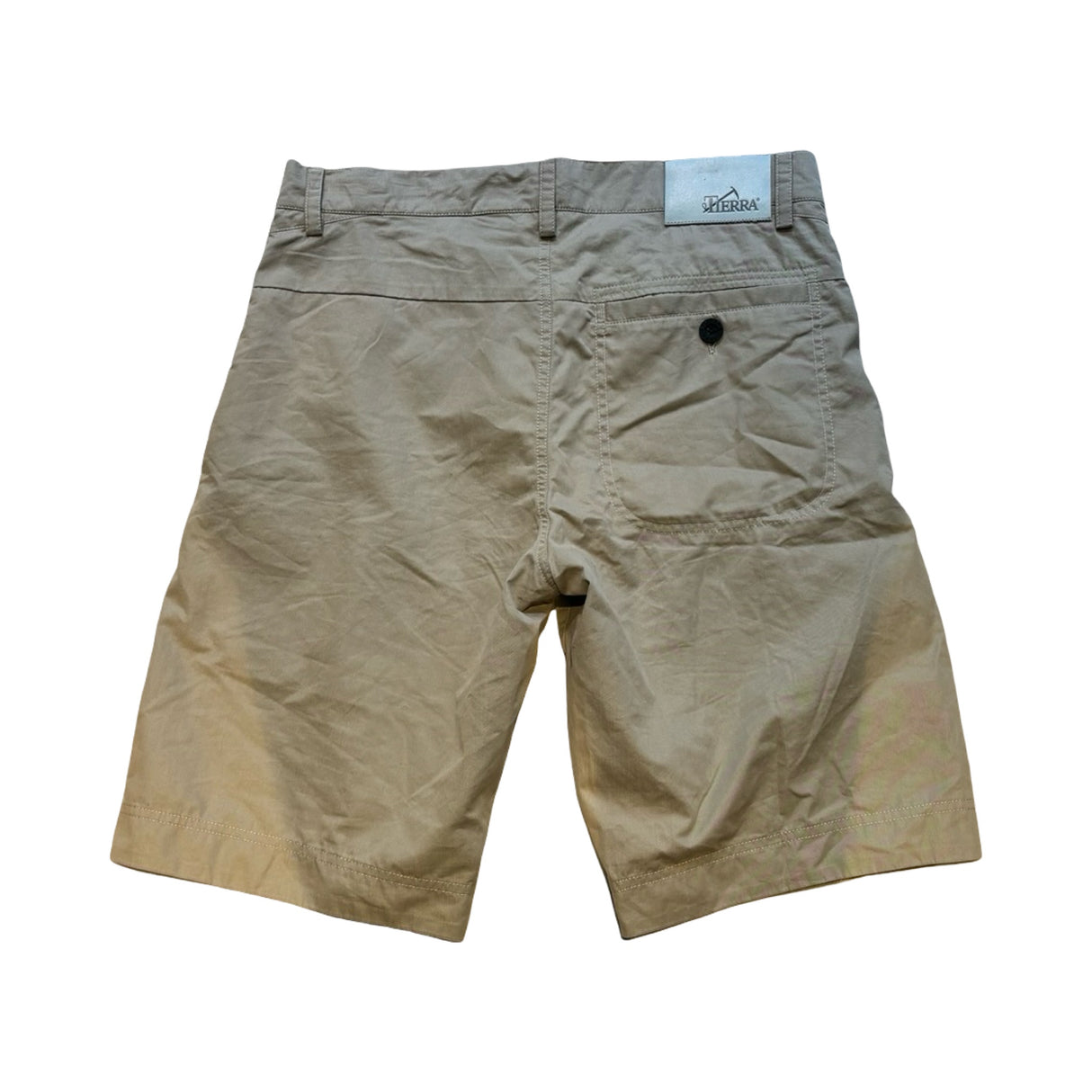 Beige Tierra-shorts för dam i bomullsblandning, sedda bakifrån med logga och bakficka mot vit bakgrund.