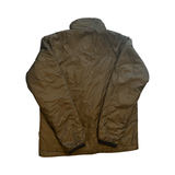 Women's brown glossy Fjällräven down jacket, back view against a white background.
