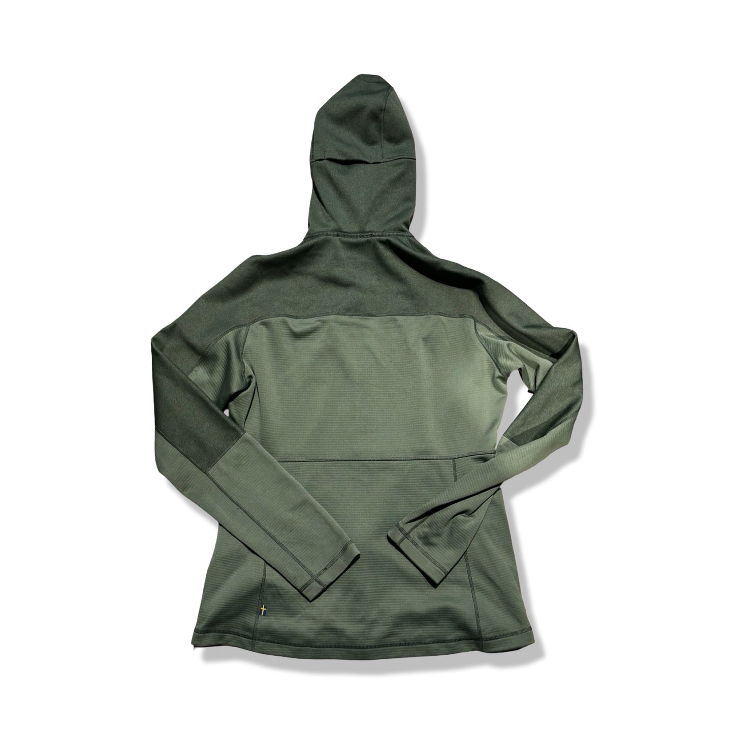 Baksidan av Fjällräven Abisko Trail fleecetröja för dam i grönt, fotograferad mot en vit bakgrund.