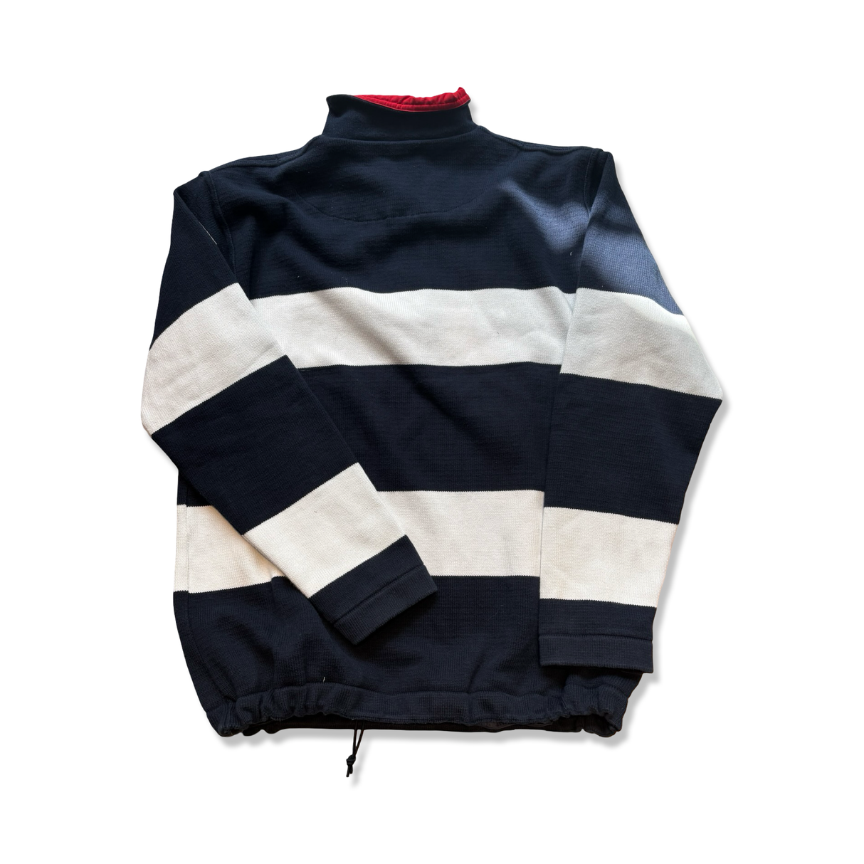 Blue and white striped Holebrook sweatshirt for men with a high collar and red lining, back view.
