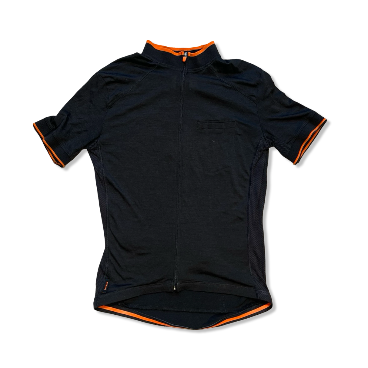 Women's Triban black short-sleeved cycling jersey with orange accents and zipper, front view on white background.