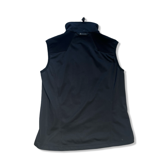 Women's black Haglöfs fleece vest, back view against a white background.