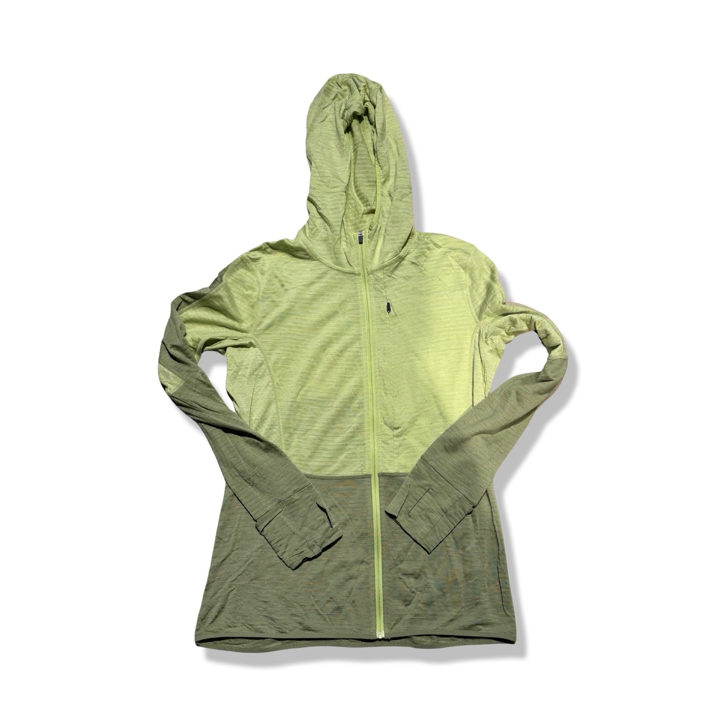 Underställströja Icebreaker Full för dam i ljusgrönt och olivgrönt, fotograferad framifrån mot en vit bakgrund.