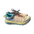 Women's Karhu Ikoni Trail hiking shoes in white and blue with a yellow sole, side view on a white background.