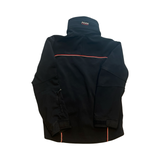 Men's black Peak Performance softshell jacket, back view with red and white stripe, on a white background.