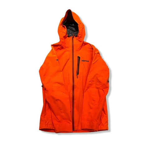 Orange Marmot men's hooded shell jacket, front view against a white background.