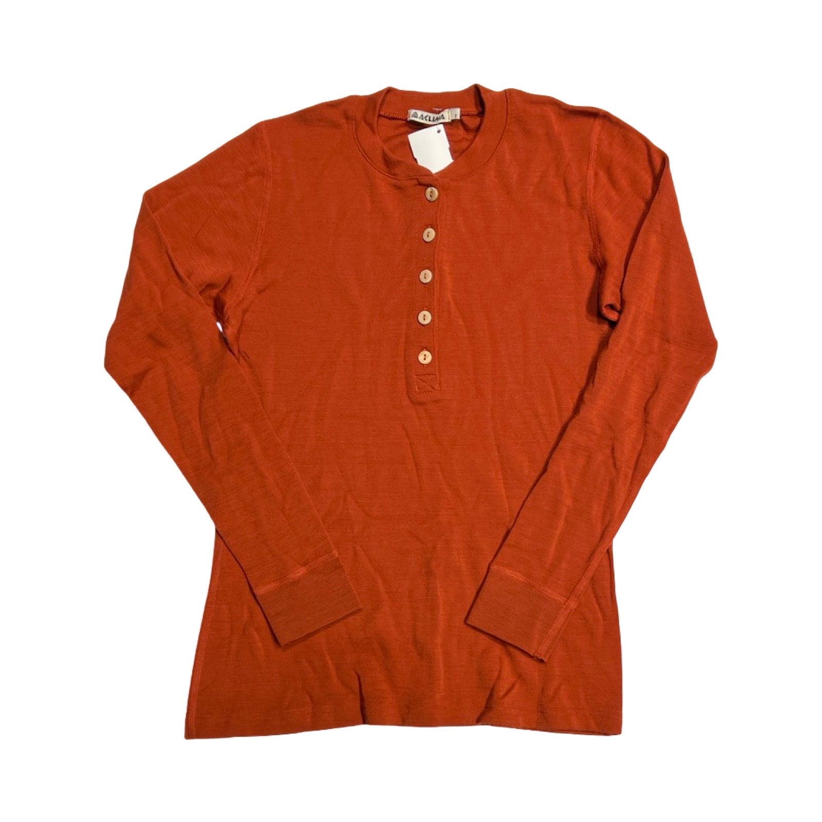 Aclima WarmWool Grandpas funktionströja för dam i orange. Tröjan är långärmad med knäppning fram och är fotograferad platt mot en vit bakgrund.