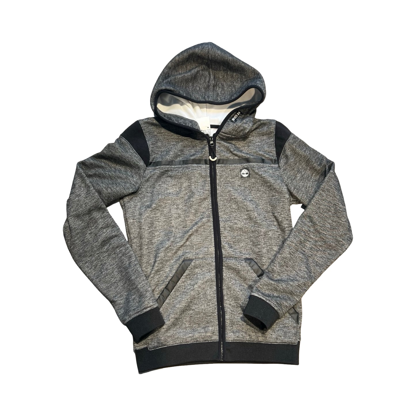 Timberland huvtröja med dragkedja för unisex i gråmelerat och svart, fotograferad framifrån mot en vit bakgrund.