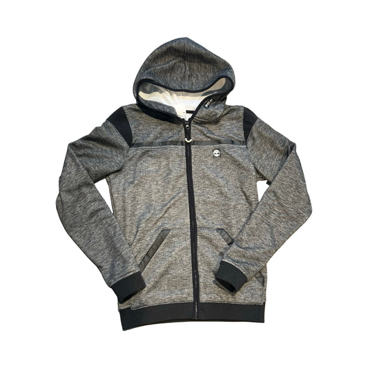 Timberland huvtröja med dragkedja för unisex i gråmelerat och svart, fotograferad framifrån mot en vit bakgrund.