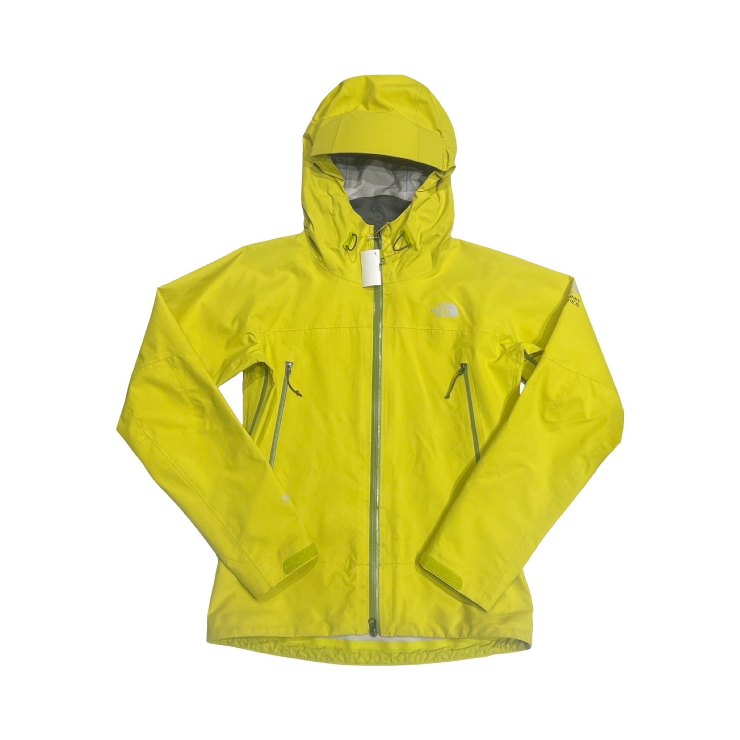 The North Face Point Five skaljacka för dam i gulgrön färg. Jackan har huva och heldragen dragkedja och är fotograferad framifrån mot en vit bakgrund.