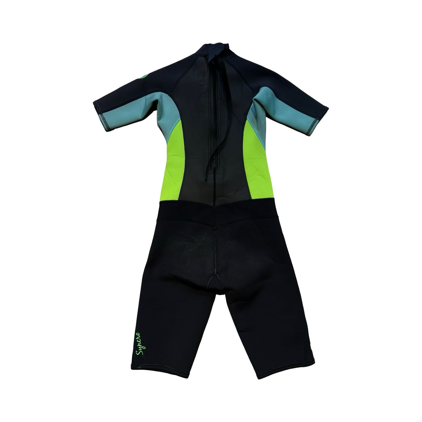 Baksidan av ROXY unisex våtdräkt i svart, ljusblått och limegrönt.