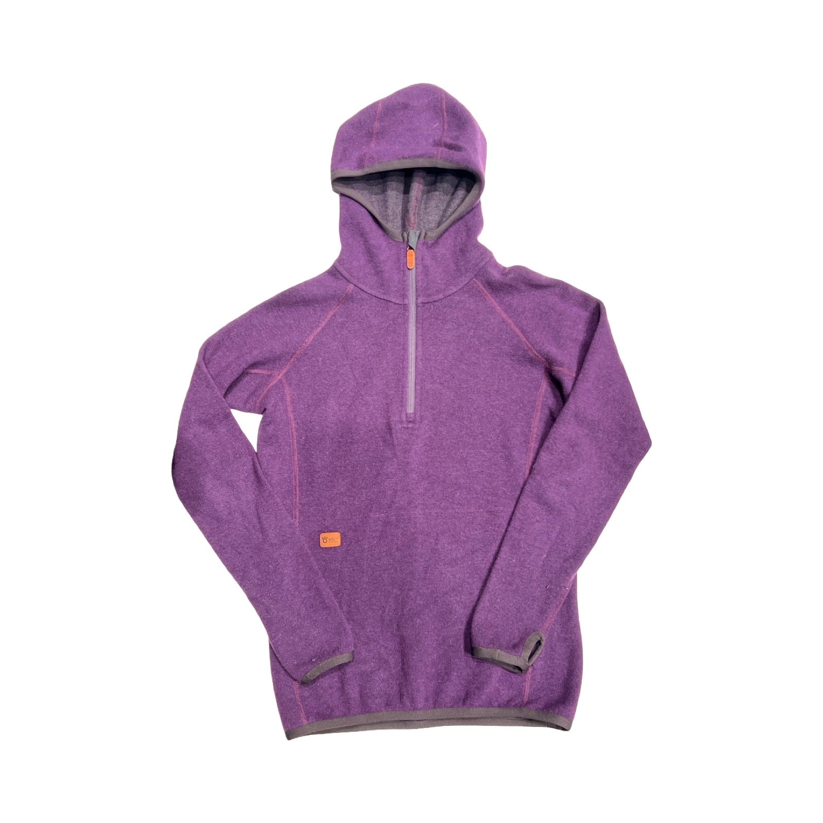 Röjk fleecetröja för herr i lila. Tröjan har huva och kvartsdragkedja och är fotograferad platt mot en vit bakgrund.