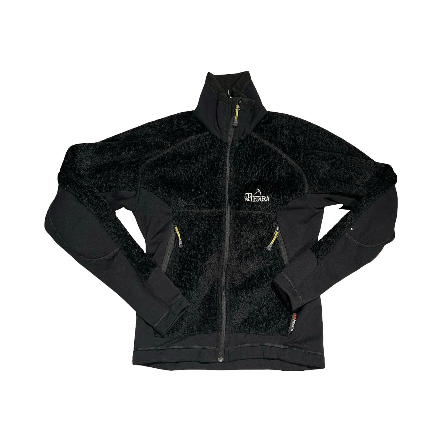 Tierra fleecetröja för dam i svart. Tröjan har en hög krage och heldragen dragkedja och är fotograferad platt framifrån mot en vit bakgrund.