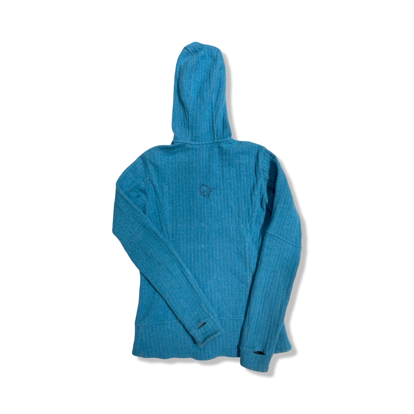 Fleecehoodie Norröna Röldal Wool för dam i blått, fotograferad bakifrån mot en vit bakgrund.