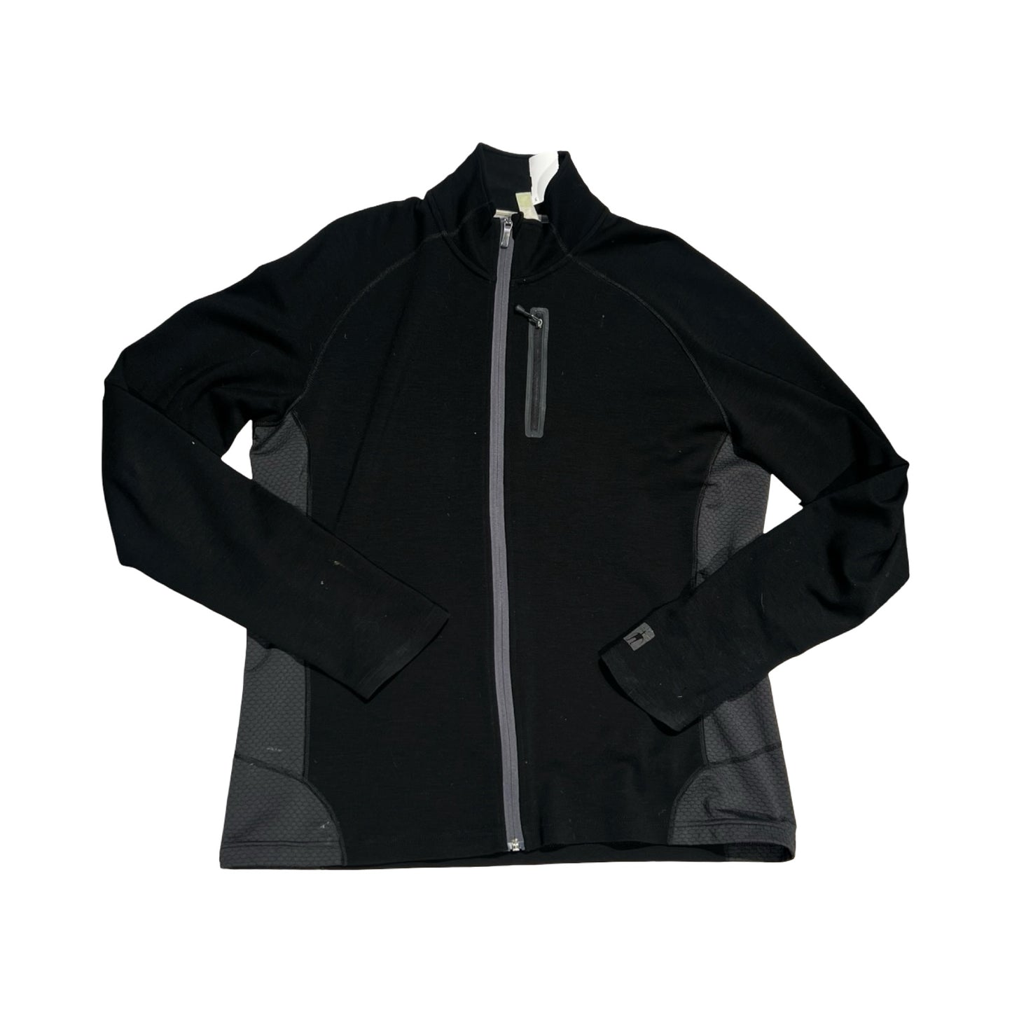 Smartwool fleecetröja för herr i svart. Tröjan har heldragen dragkedja och en bröstficka med dragkedja och är fotograferad platt mot en vit bakgrund.