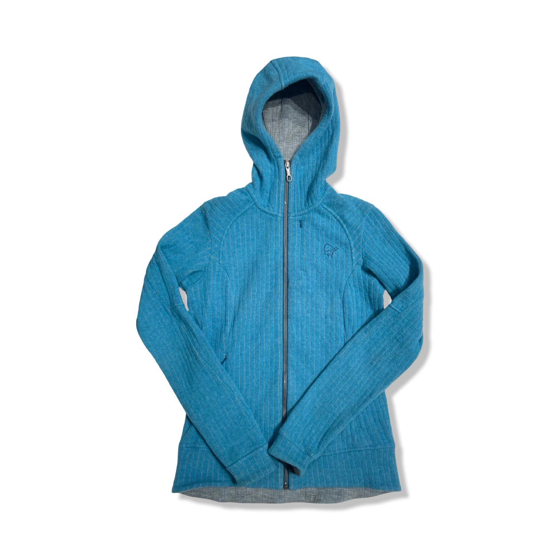 Fleecehoodie Norröna Röldal Wool för dam i blått, fotograferad framifrån mot en vit bakgrund.