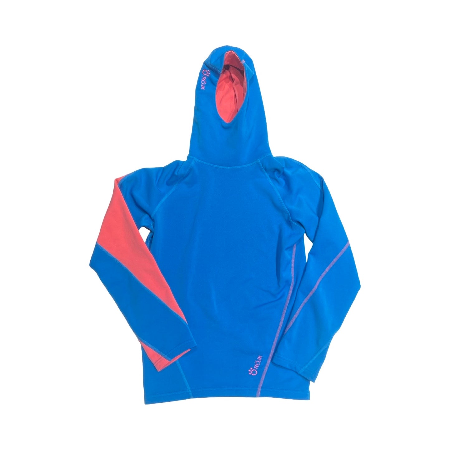 Röjk Tvister Helmet Hood fleecehoodie för dam i blått och rosa. Tröjan är fotograferad platt framifrån mot en vit bakgrund.