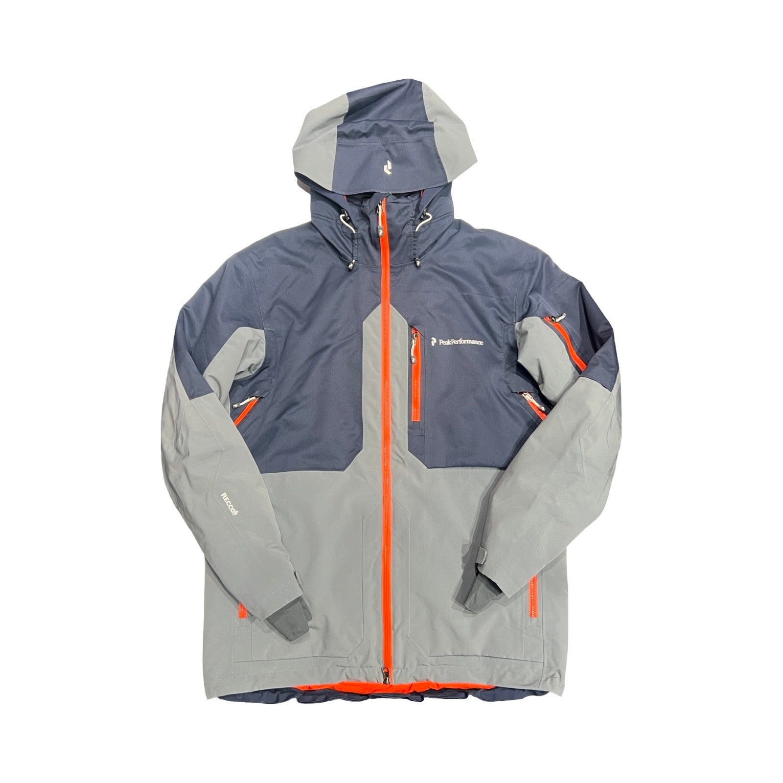Peak Performance T14 skidjacka för herr i blått och grått. Jackan har huva och heldragen orange dragkedja och är fotograferad platt mot en vit bakgrund.