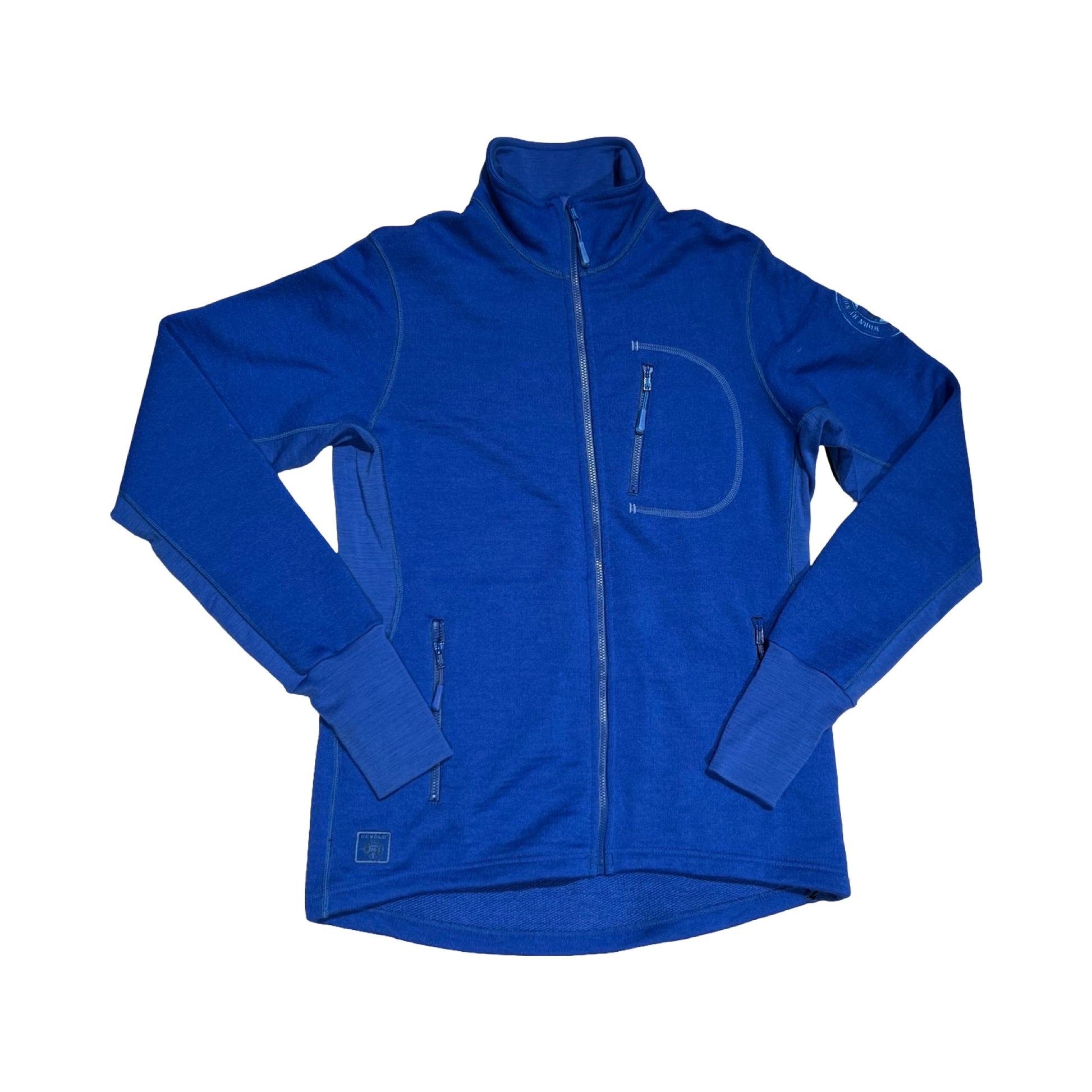 Devold Thermo fleecetröja för dam i blått. Tröjan har hög krage och heldragen dragkedja, och är fotograferad platt framifrån mot en vit bakgrund.