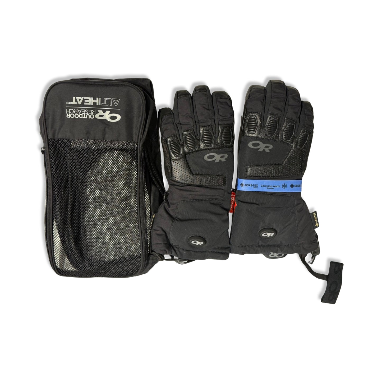 Handskar Outdoor Research Lucent Heated Sensor för dam i svart, fotograferade uppifrån tillsammans med tillhörande fodral mot en vit bakgrund.