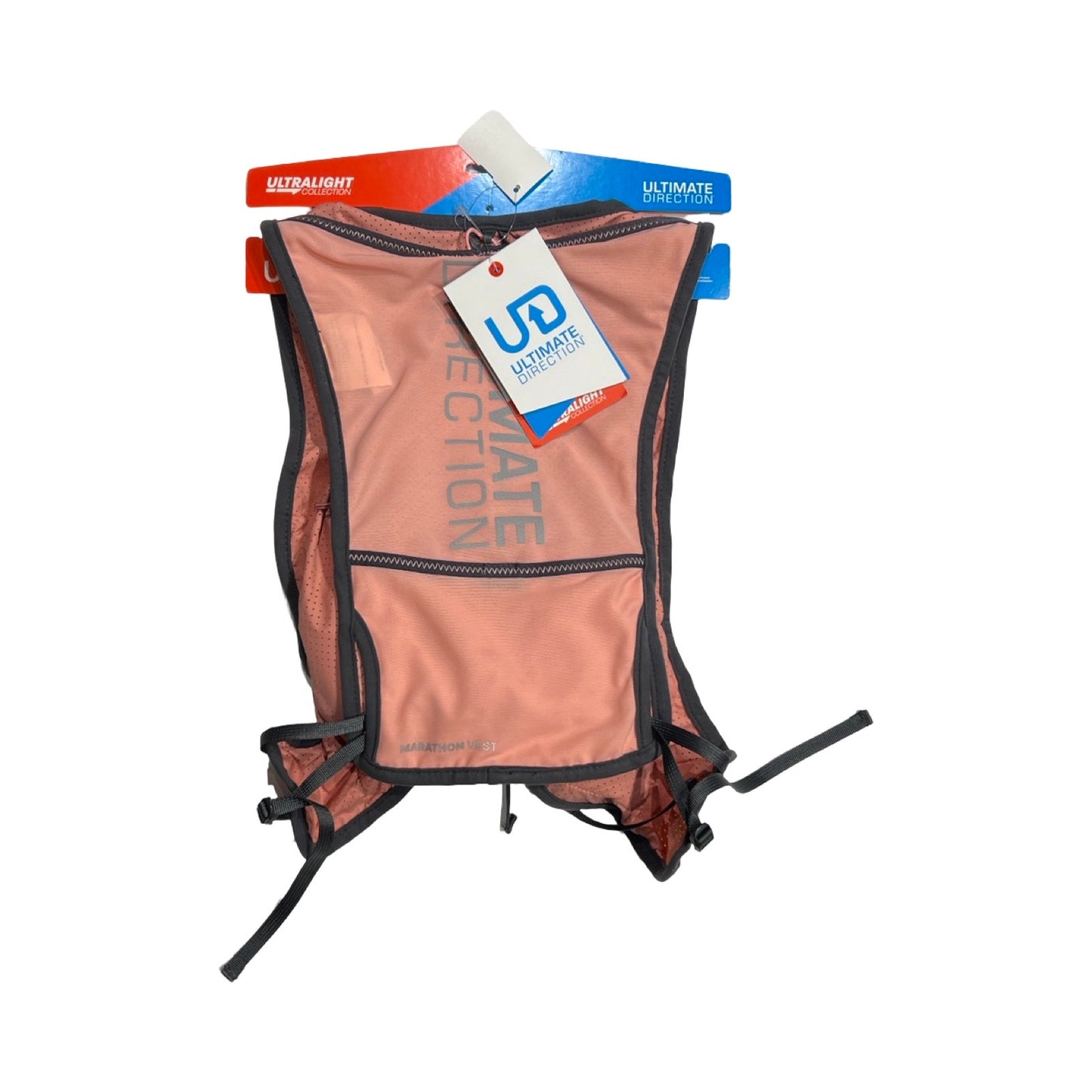 Ultimate Direction Marathon v2 löparväst för unisex i rosa. Västen har gråa detaljer och är fotograferad framifrån mot en vit bakgrund.