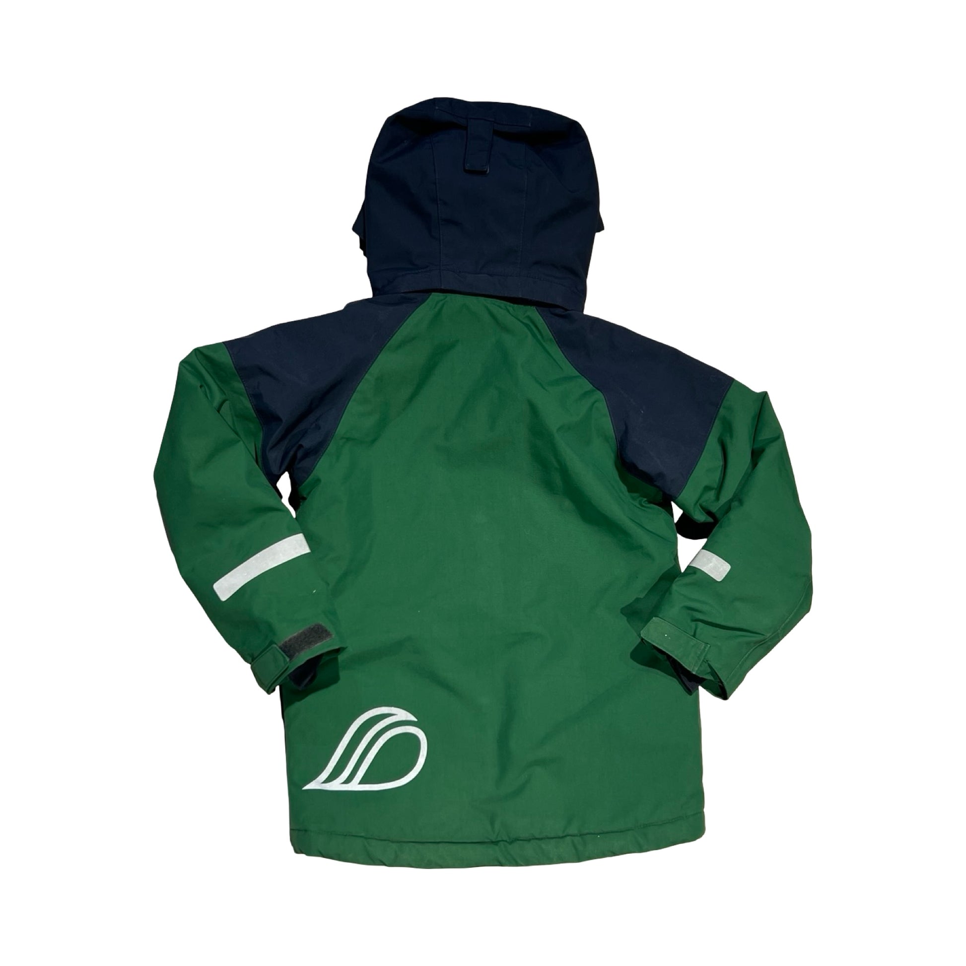 Baksidan av Didriksons Lun skidjacka för barn i grönt och mörkblått.