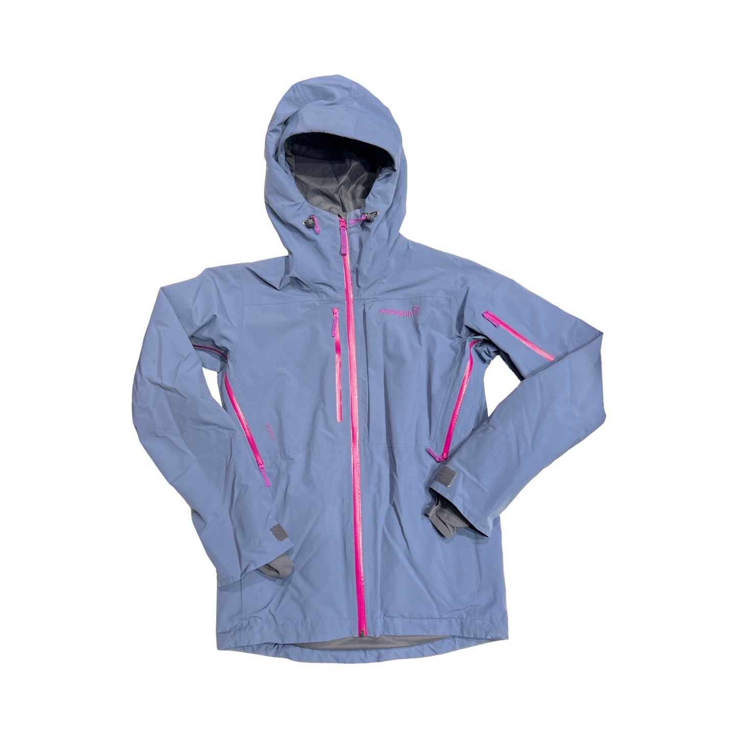 Norröna Lofoten Gore-Tex skidjacka för barn i lila med rosa dragkedjor. Jackan har huva och heldragen dragkedja och är fotograferad platt mot en vit bakgrund.