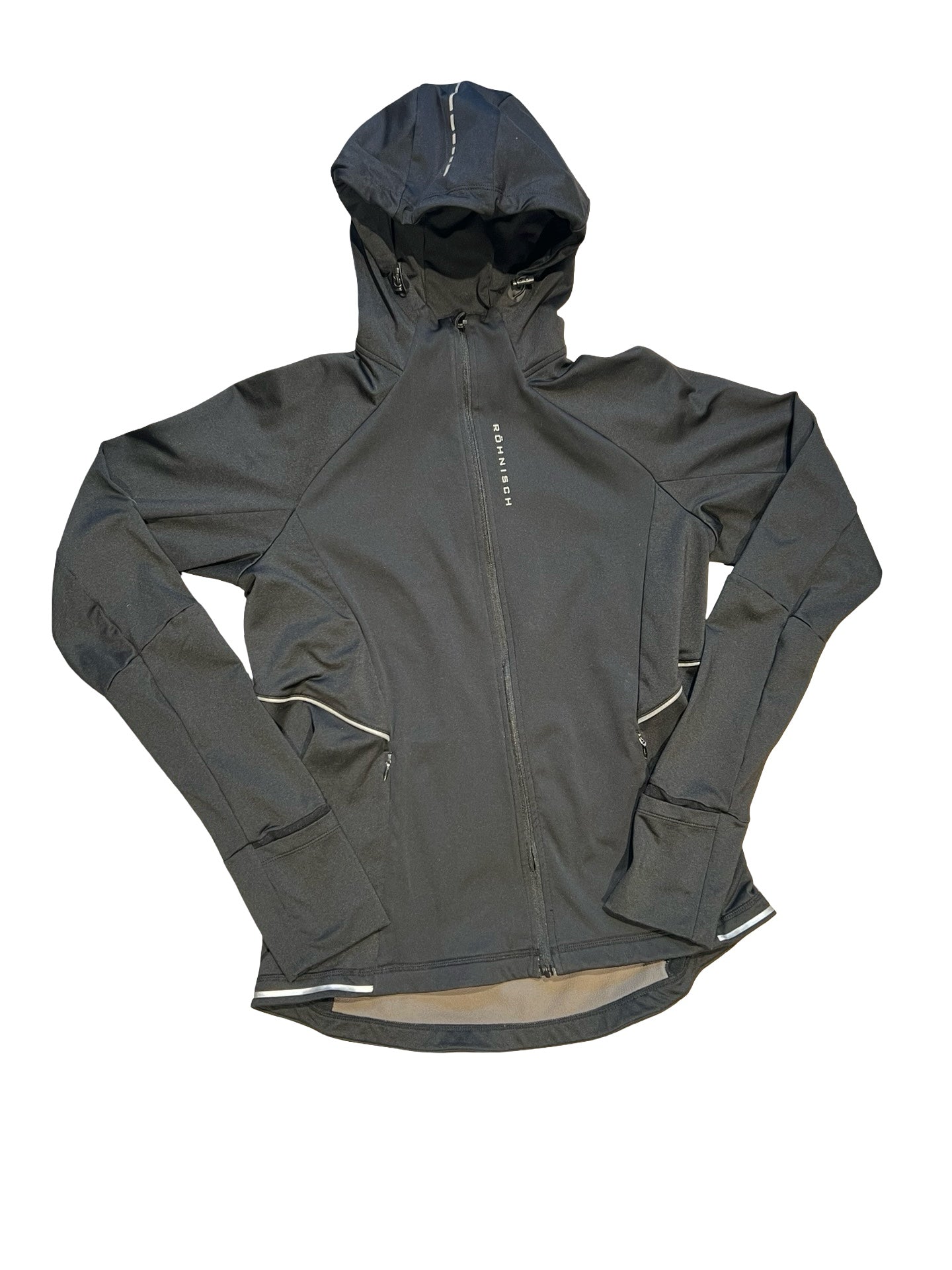 Röhnisch hoodie för dam i svart. Hoodien har huva och heldragen dragkedja och är fotograferad platt mot en vit bakgrund.