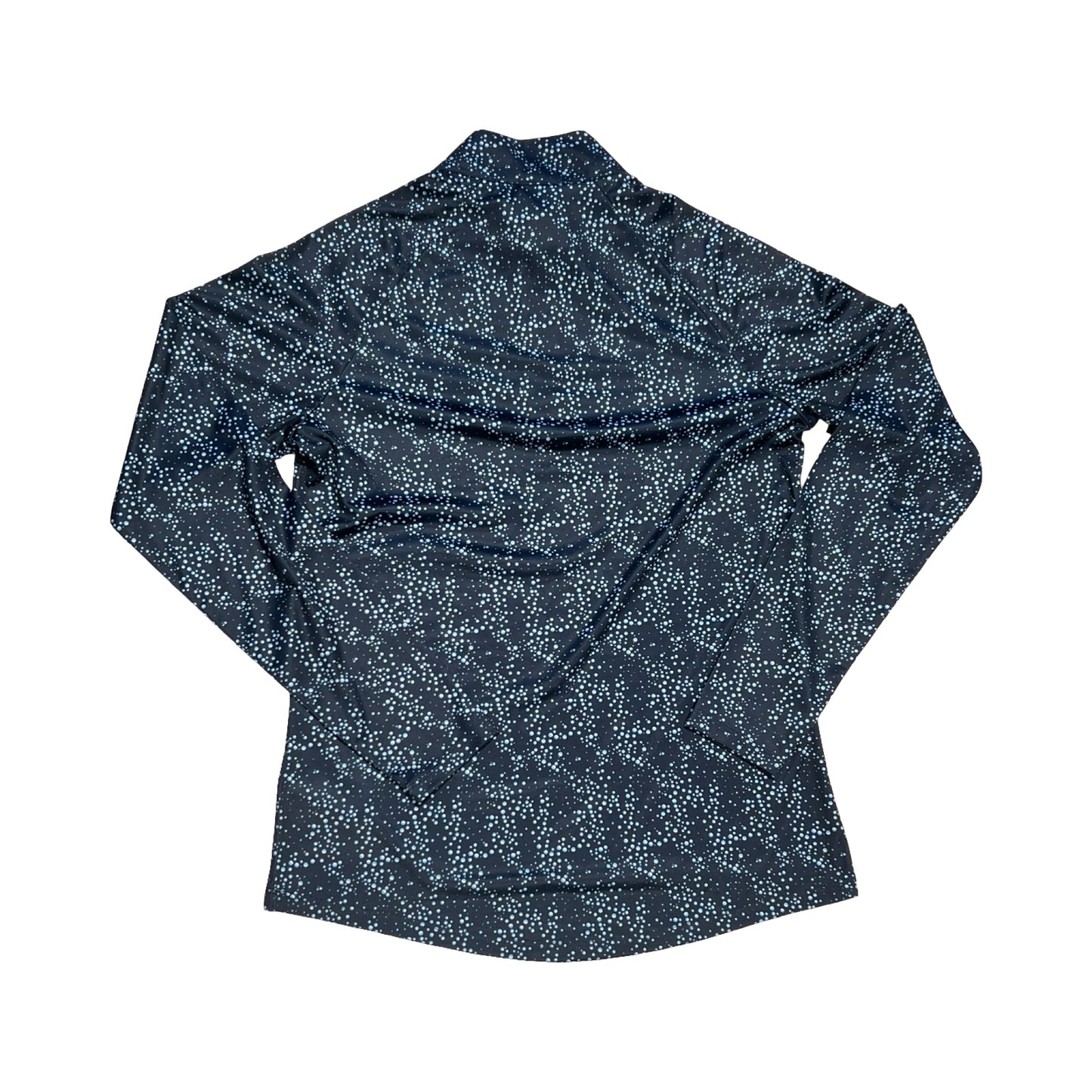 Baksidan av en långärmad Röhnisch träningströja för dam i mörkblått med ett ljusblått prickmönster. Tröjan är fotograferad platt mot en vit bakgrund.