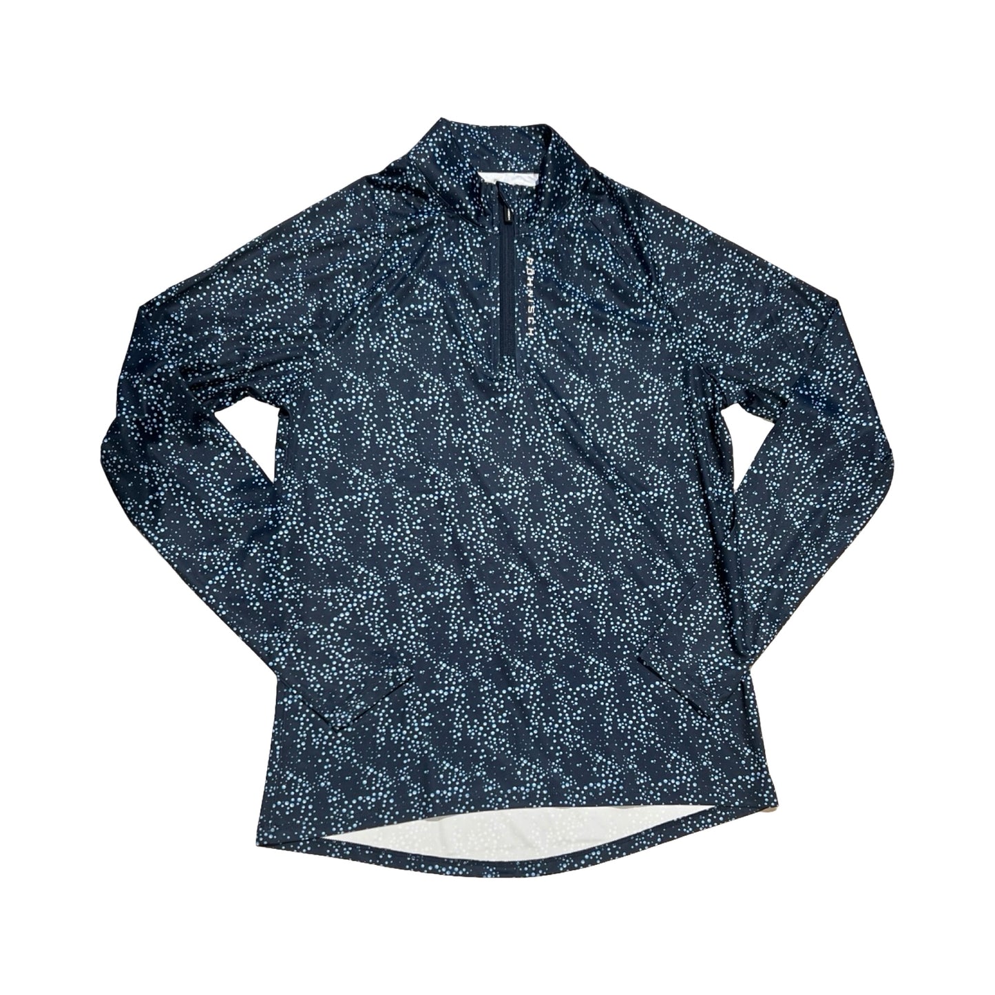 Röhnisch långärmad träningströja för dam i mörkblått med ett ljust, prickigt mönster, fotograferad platt mot en vit bakgrund.