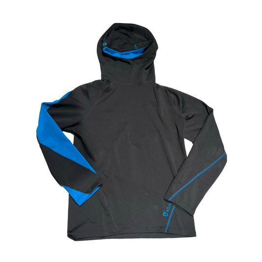 Röjk fleecehoodie för herr i svart med blåa detaljer på ärmarna och i huvan, fotograferad platt mot en vit bakgrund.