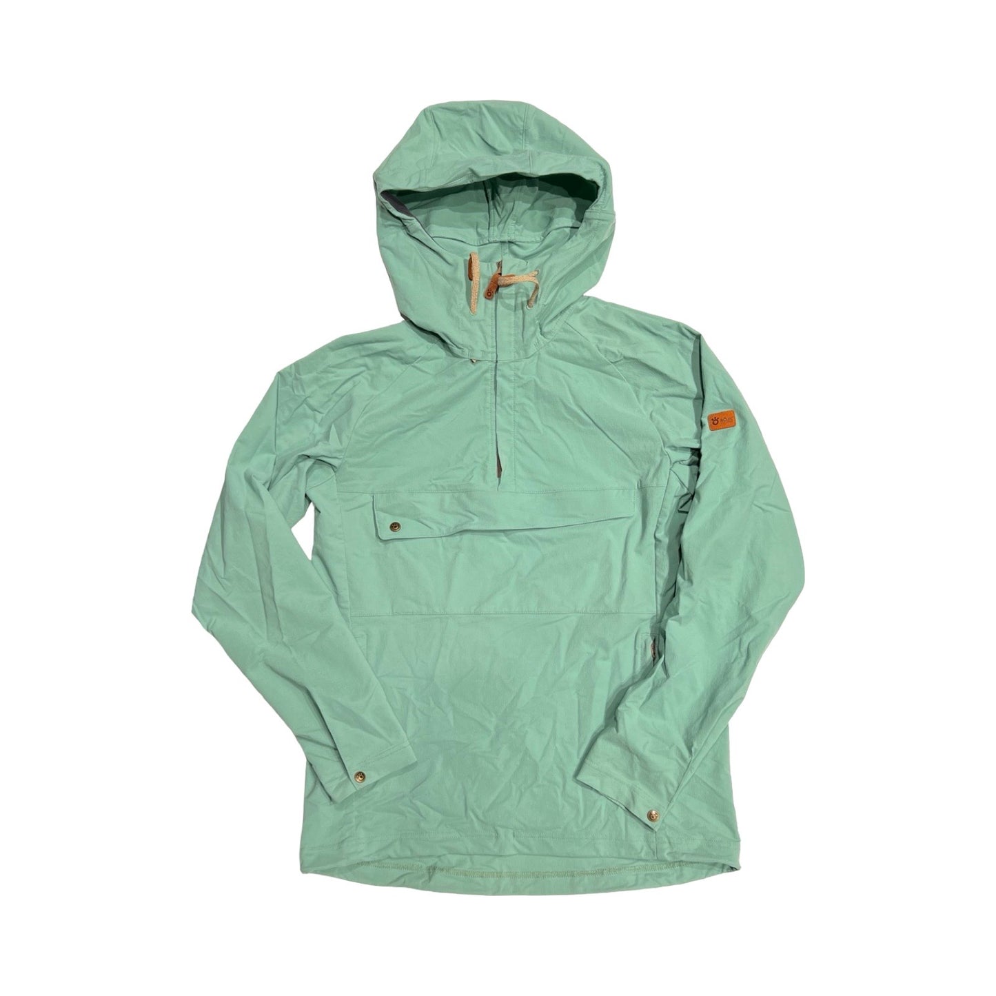 Röyk Rover anorak för dam i grönt. Anoraken har huva och en stor bröstficka och är fotograferad platt mot en vit bakgrund.