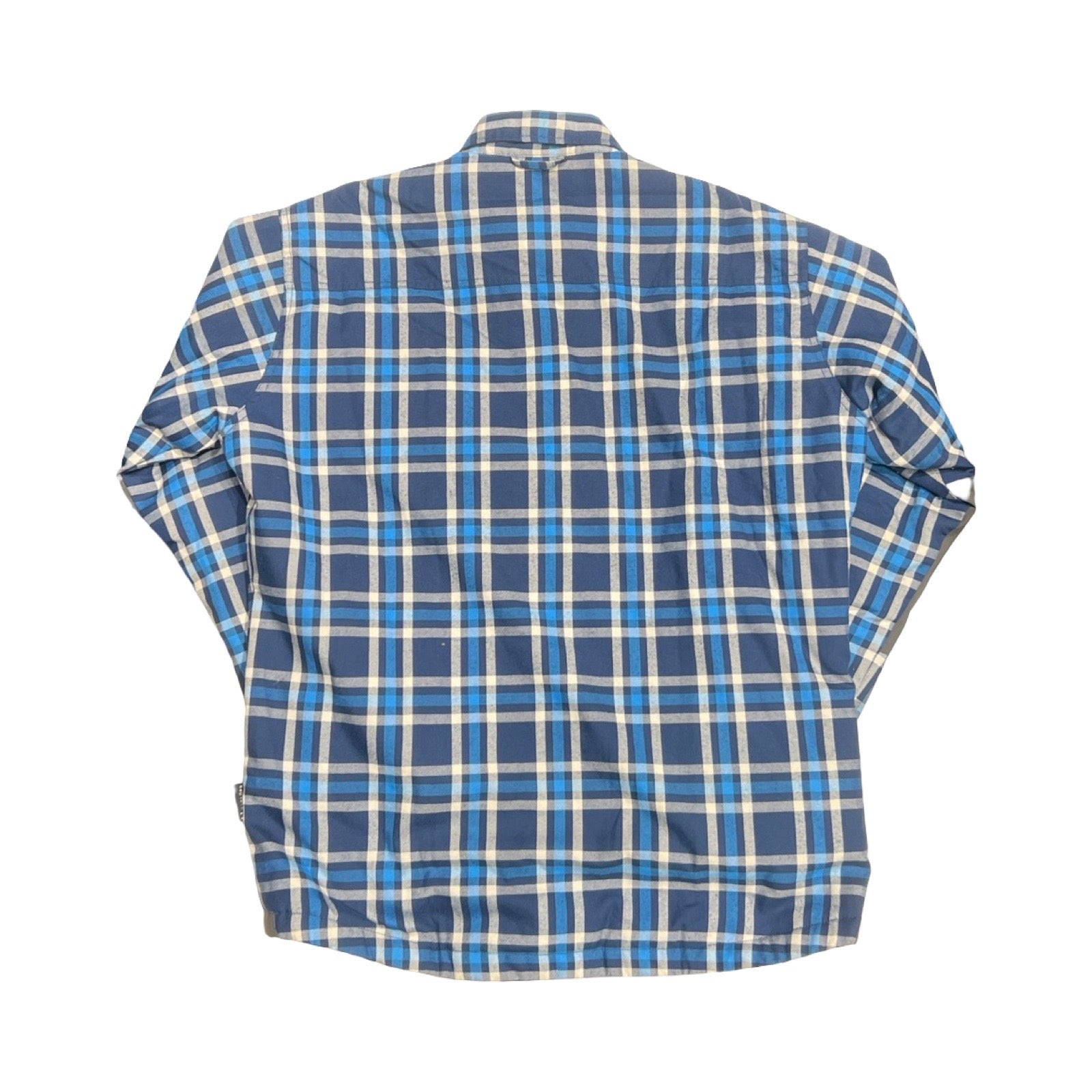 Baksidan av Haglöfs Tundra syntetjacka för herr i ett blått och vitt rutmönster.