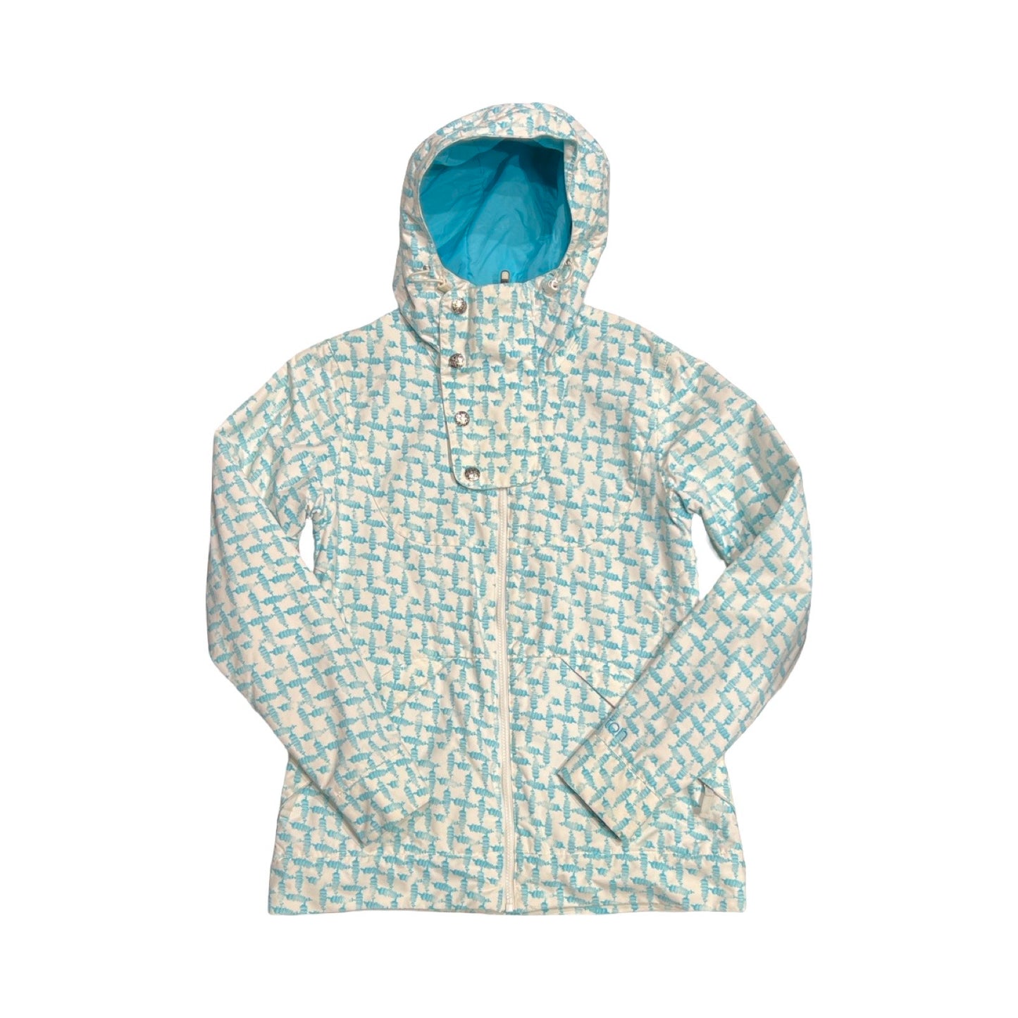 Burton Society skidjacka för dam i ett vitt och blått mönster. Jackan har en huva med turkost foder, heldragen dragkedja och är fotograferad framifrån mot en vit bakgrund.