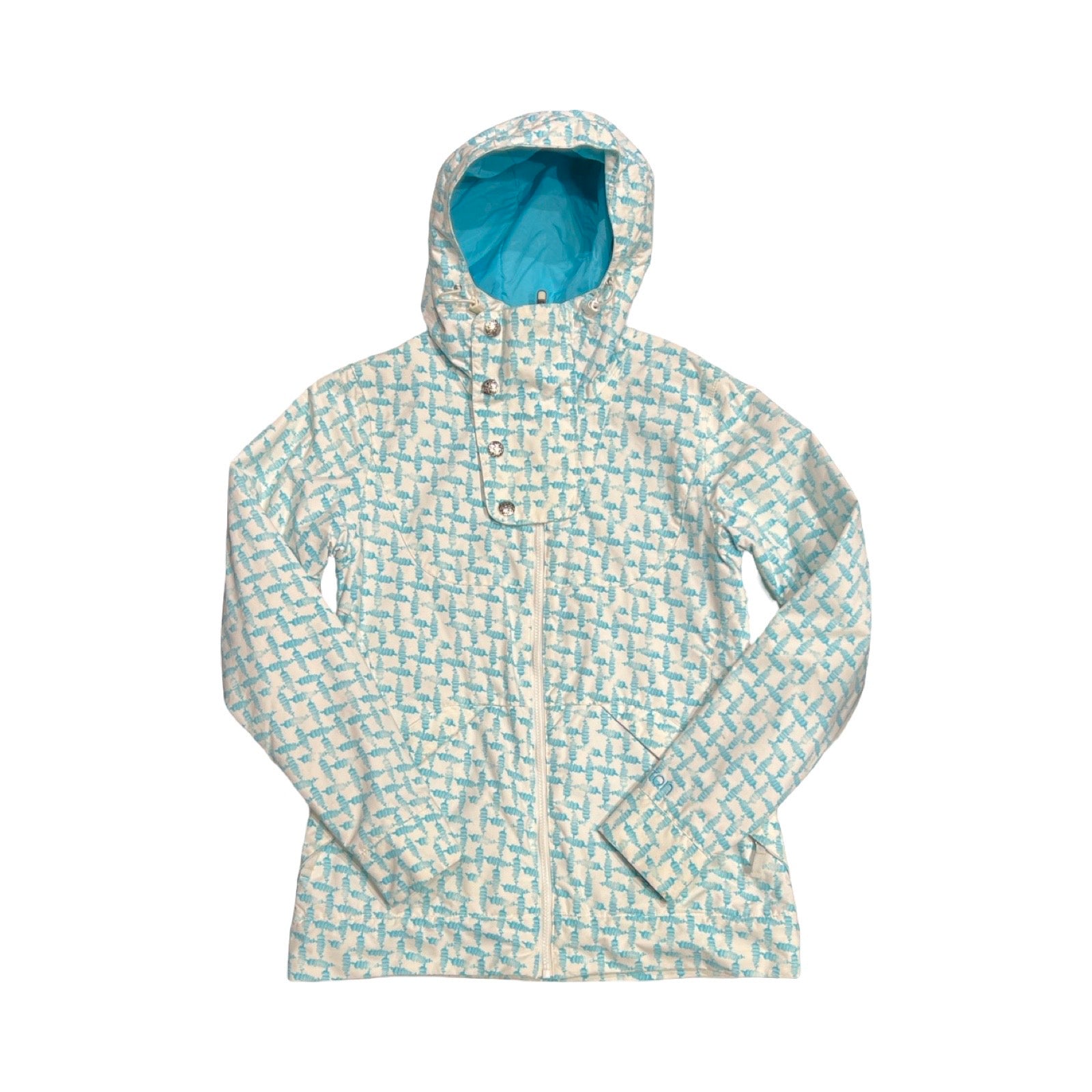 Burton Society skidjacka för dam i ett vitt och blått mönster. Jackan har en huva med turkost foder, heldragen dragkedja och är fotograferad framifrån mot en vit bakgrund.