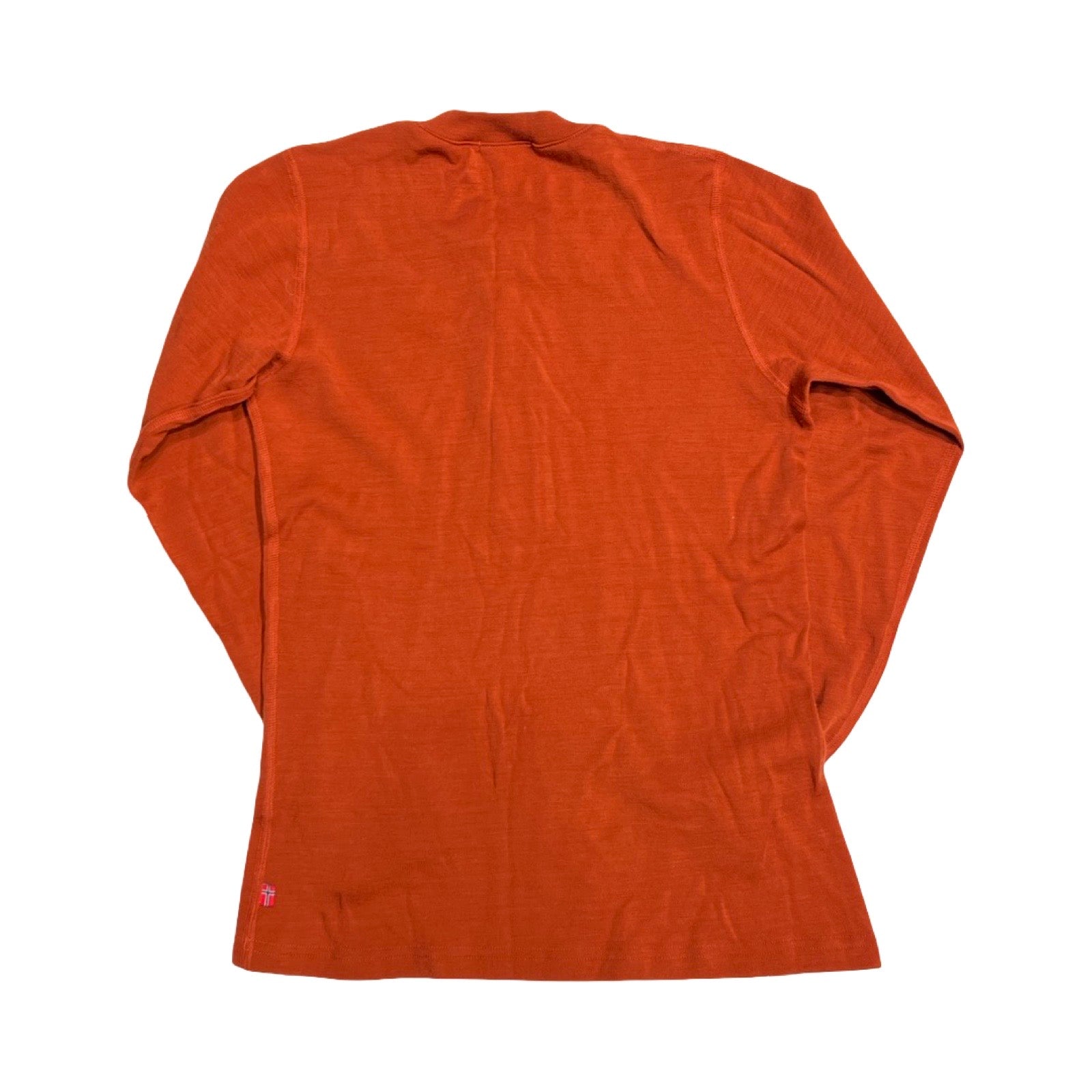 Baksidan av Aclima WarmWool Grandpas funktionströja för dam i orange.